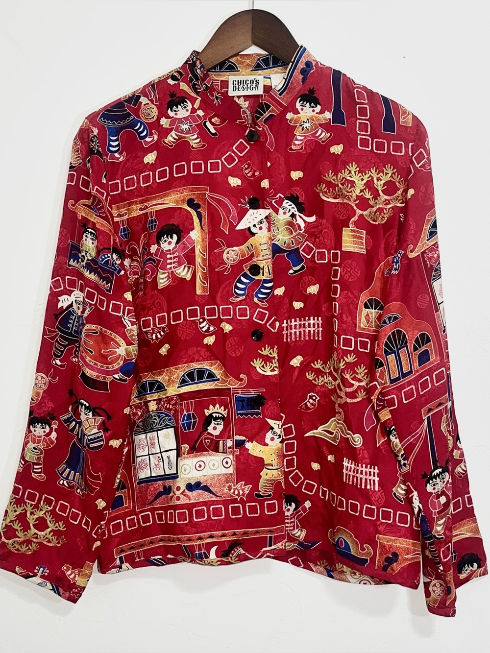 Vintage 90s Chico’s 100% Silk Asian Novelty Print Blouse Red